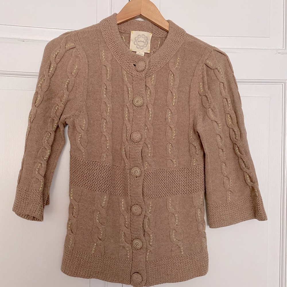 Cardigan Sweater with very subtle puff shoulders and gold detail